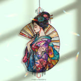 Geisha Acrylic Suncatcher, Japanese Kimono Window Art, Stained Glass Style Oriental Decor, Elegant Asian Gift for Home and Office